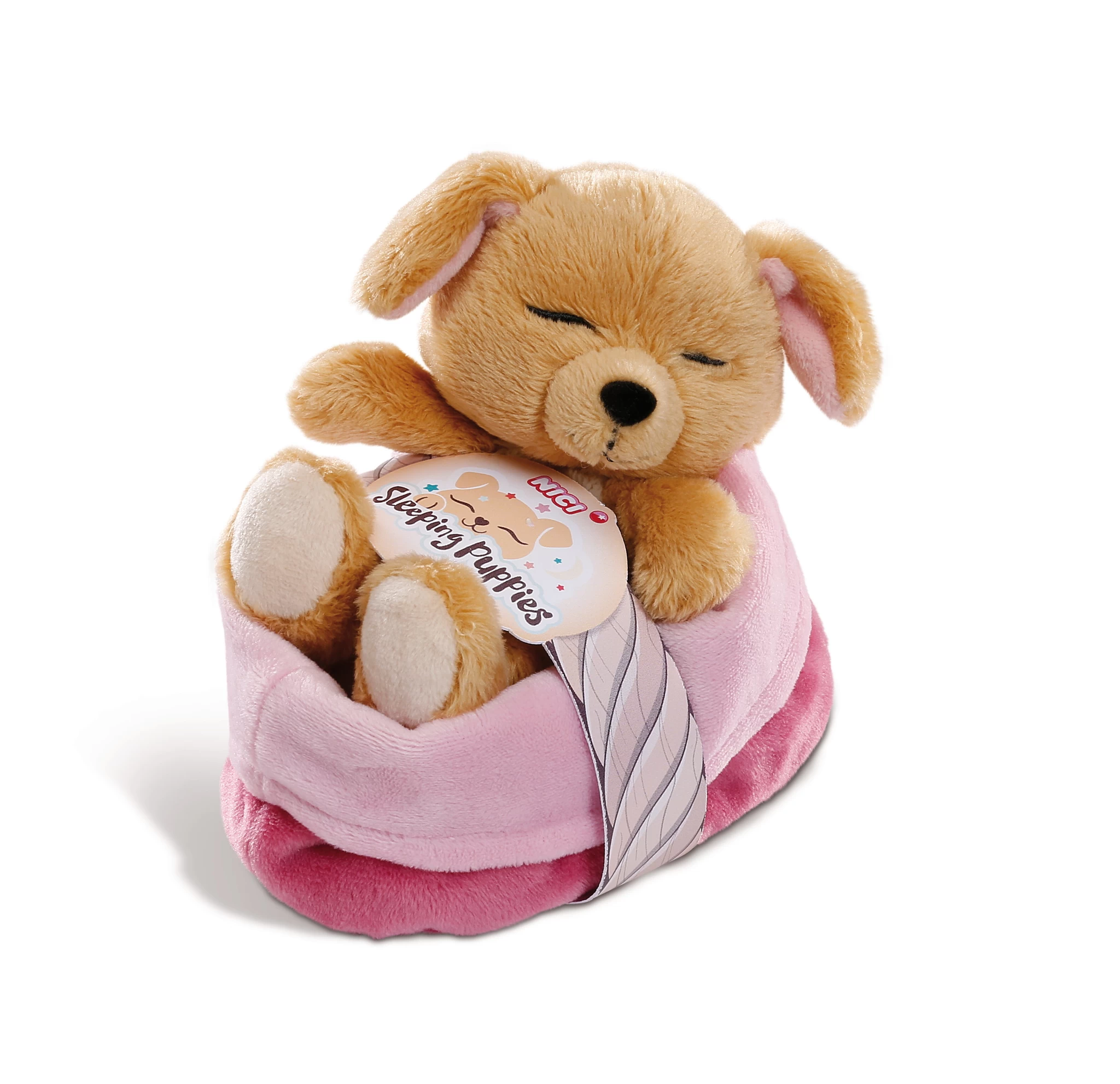 Nici 48111 Sleeping Puppies schlafendes Hundebaby im Körbchen 12cm karamell
