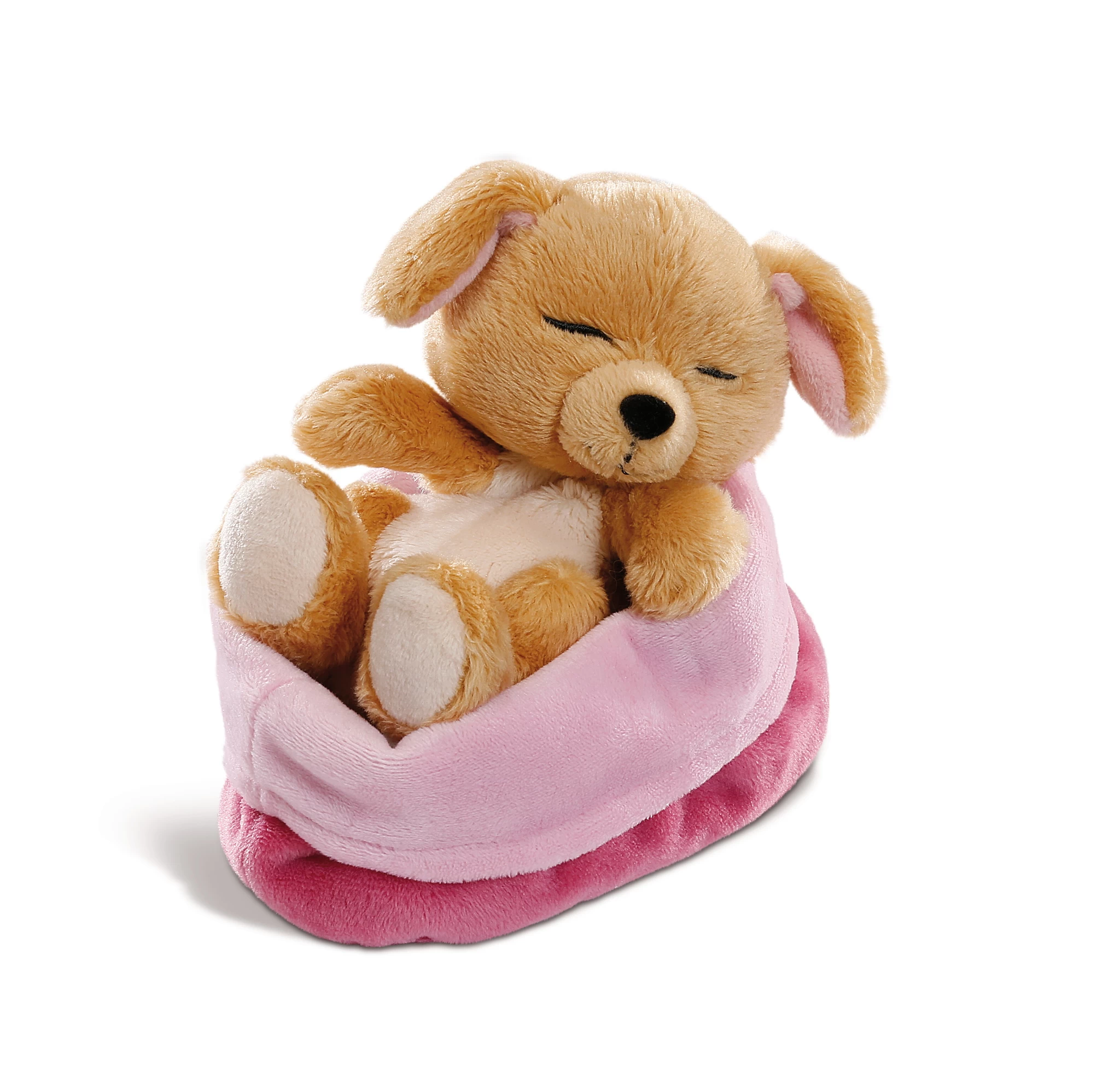Nici 48111 Sleeping Puppies schlafendes Hundebaby im Körbchen 12cm karamell
