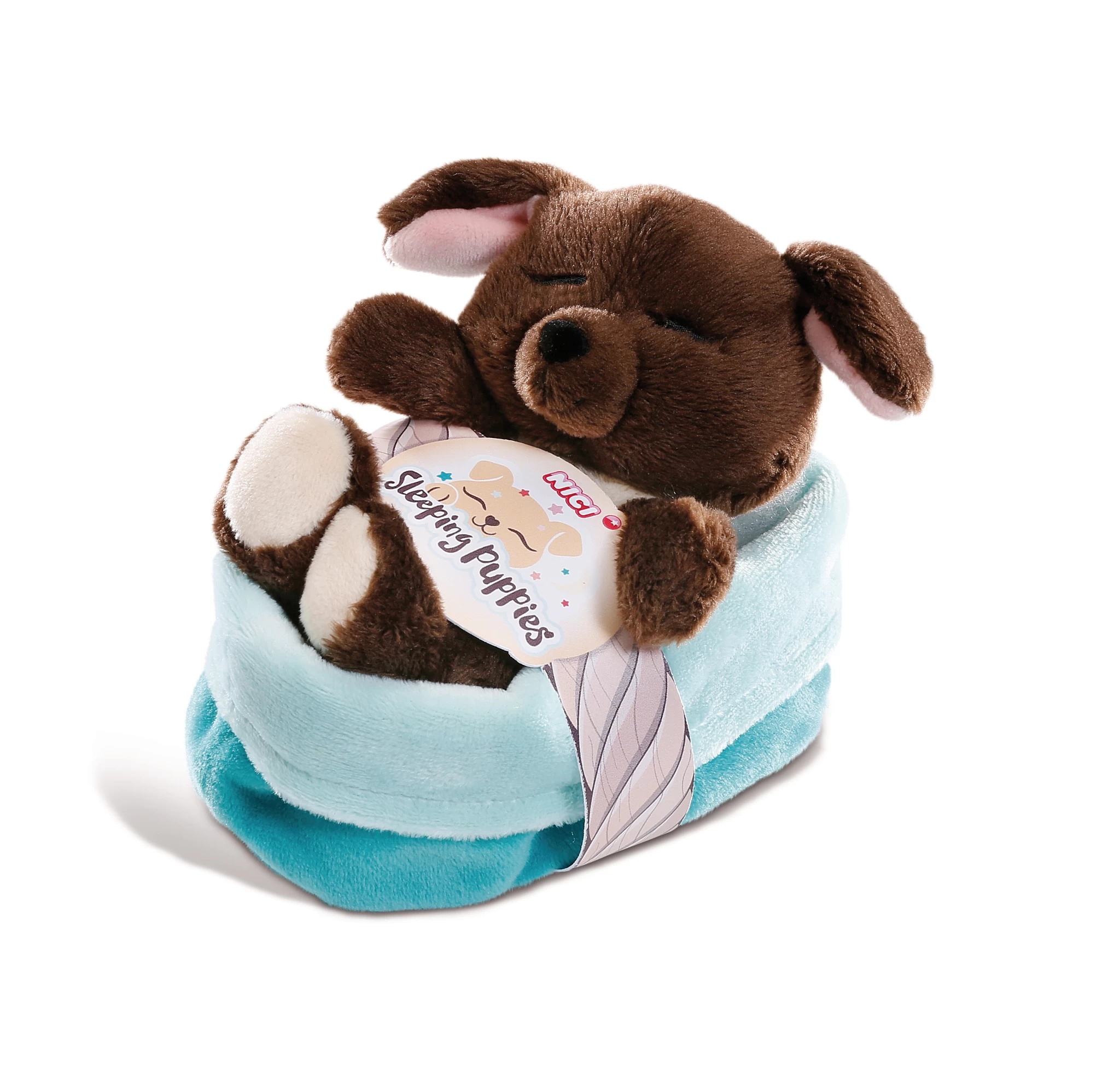Nici 45372 Sleeping Puppies schlafendes Hundebaby im Körbchen 12cm dunkelbraun