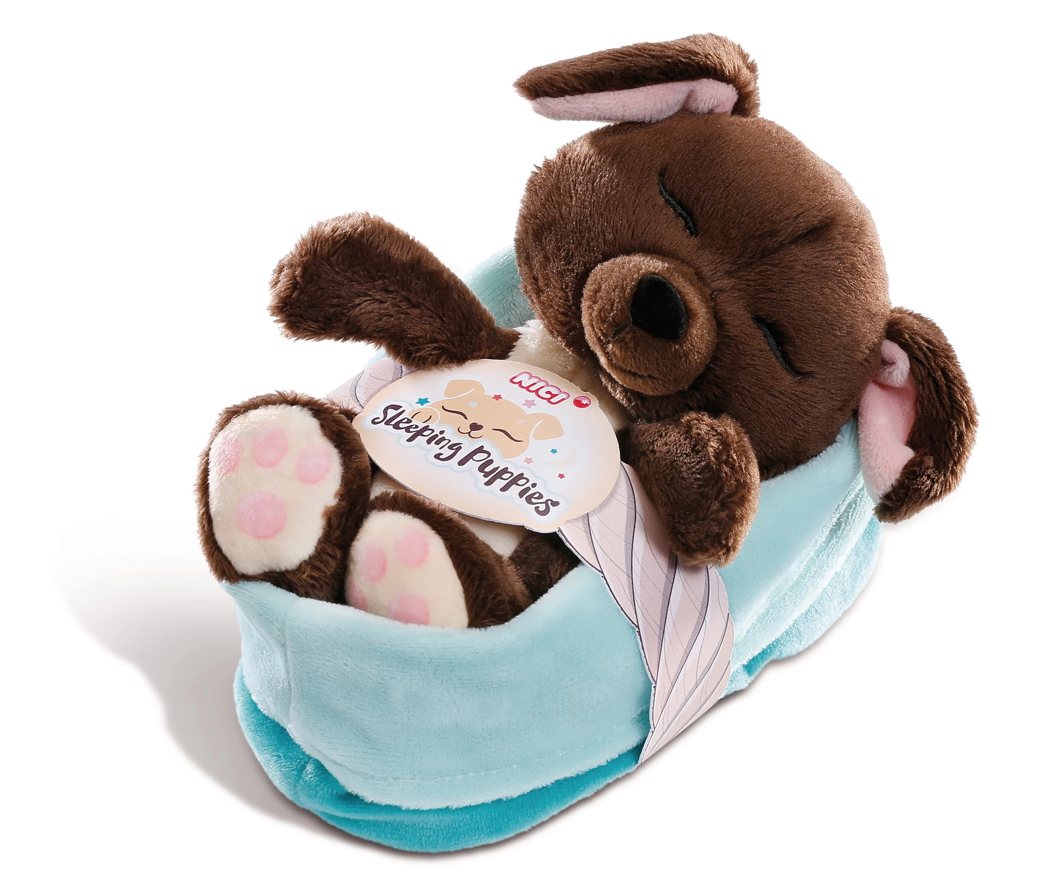 Nici 45375 Sleeping Puppies schlafendes Hundebaby im Körbchen 16cm dunkelbraun