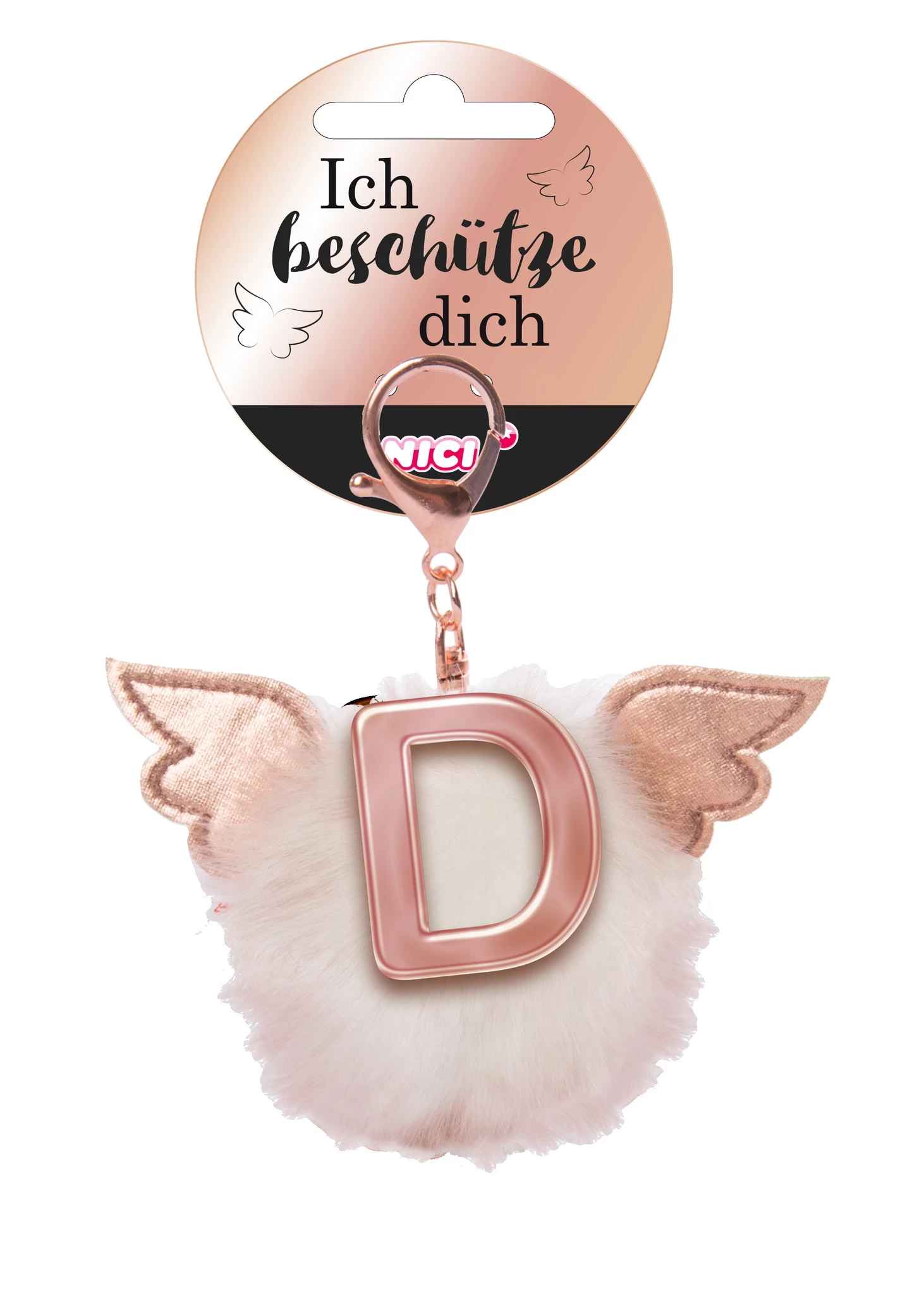 Nici 46973 Taschenanhänger Schutzbommel mit Flügeln + Pompon Metallbuchstabe D