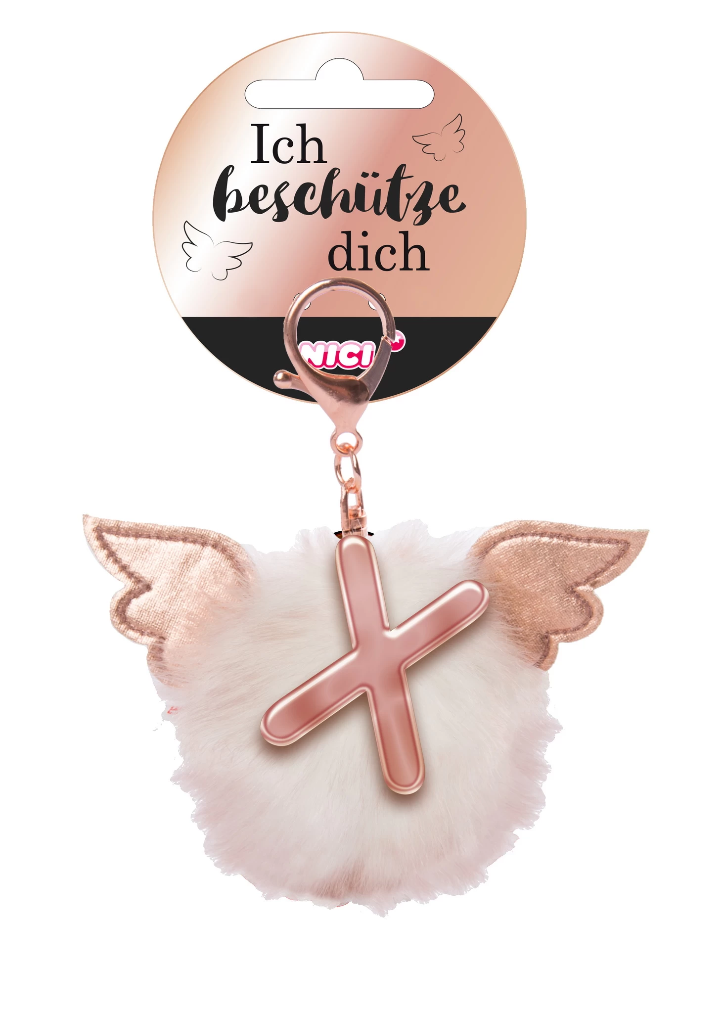 Nici 46992 Taschenanhänger Schutzbommel mit Flügeln + Pompon Metallbuchstabe X